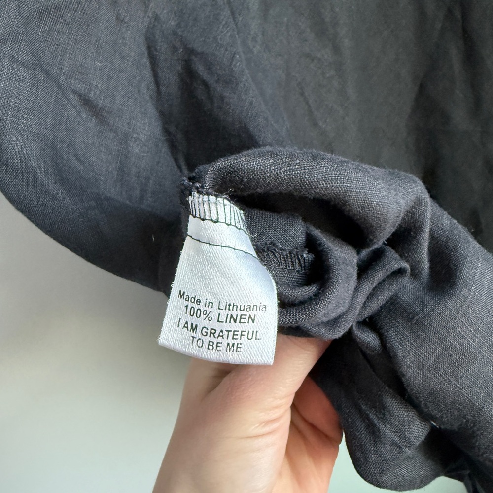 Flax Tunic Top Large 100% Linen Textured Cross Over Hem Short Sleeve Black - Picture 7 of 8